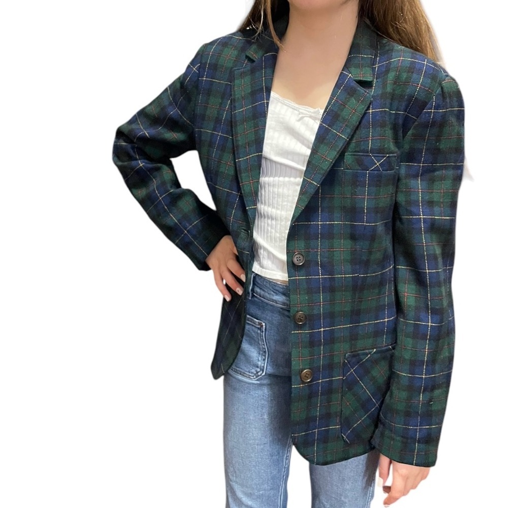 Pendleton Vintage Blue Green Tartan Plaid 100% Wool‎ Academia Blazer Jacket Sz 4